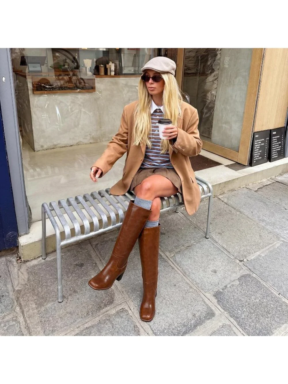 Women's Brown Chunky Block Heel Square Toe Faux Leather Long Knee High Boots